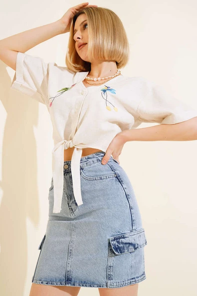 Kuş Nakışlı Bağlamalı Gömlek Bej - 2