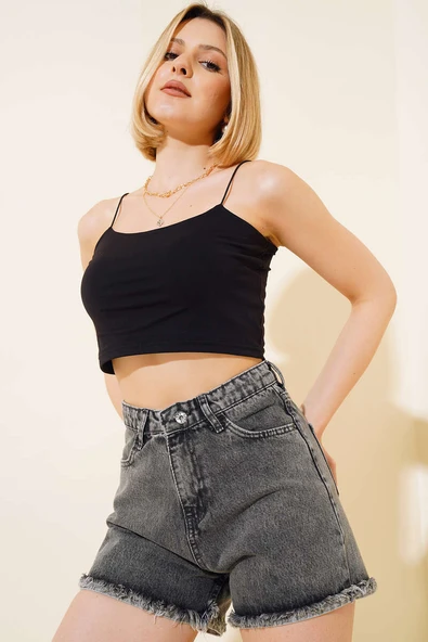 Püsküllü Ters Paça Kot Şort Siyah Kar - Resim 2