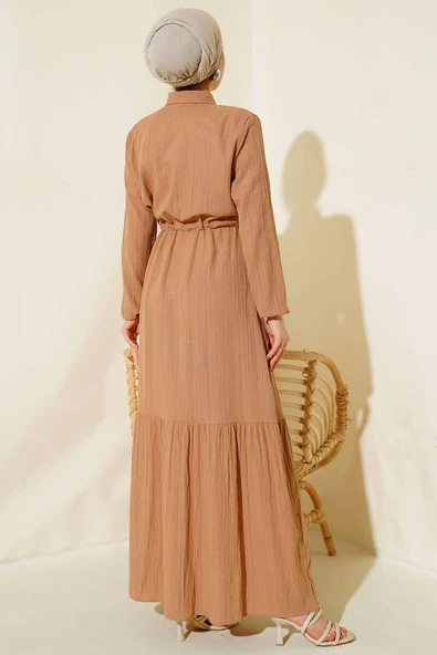 Gizli Yarım Düğmeli Elbise Camel - 3
