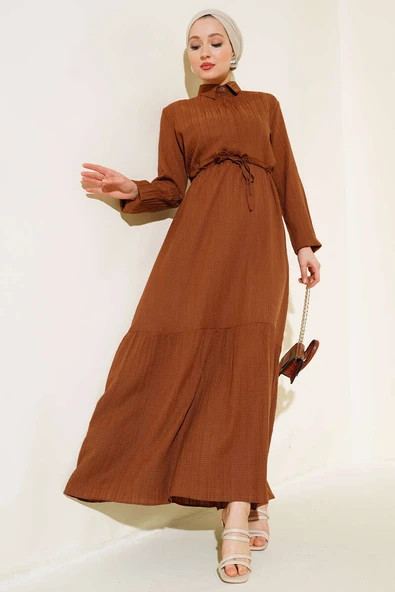 Gizli Yarım Düğmeli Elbise Kahve ürün görseli 1