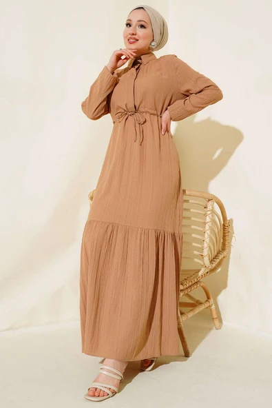 Gizli Yarım Düğmeli Elbise Camel