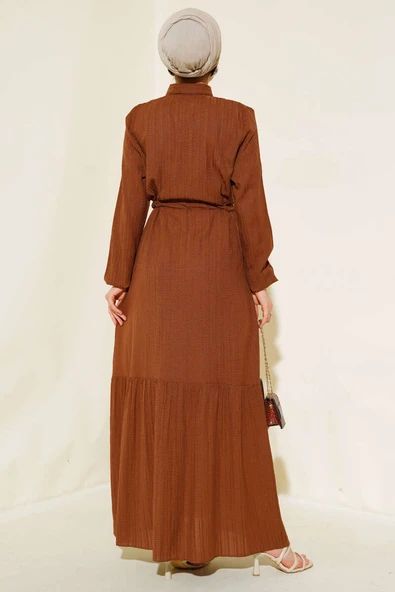 Gizli Yarım Düğmeli Elbise Kahve - Resim 3