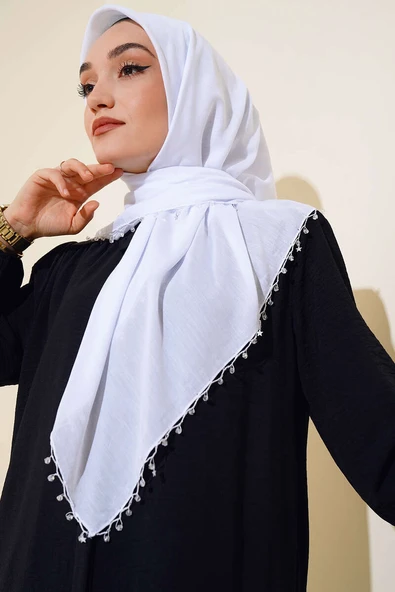 Yıldız Boncuklu Yazma Eşarp Beyaz - 2