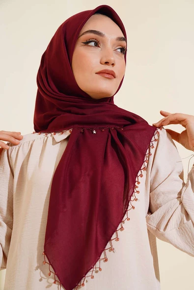 Yıldız Boncuklu Yazma Eşarp Bordo