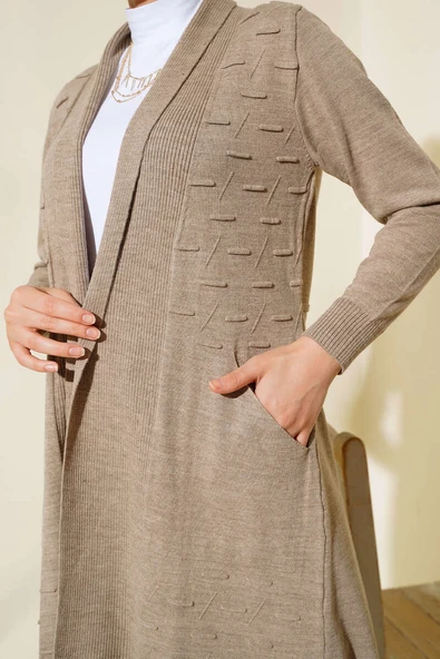 Yandan Dikişli Bağcıklı Hırka Vizon - Resim 4