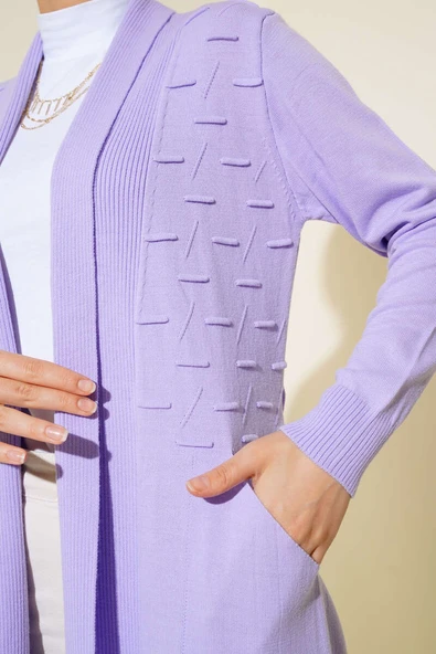 Yandan Dikişli Bağcıklı Hırka Lila - Resim 4