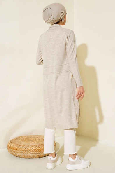 Yandan Dikişli Bağcıklı Hırka Bej - Resim 3