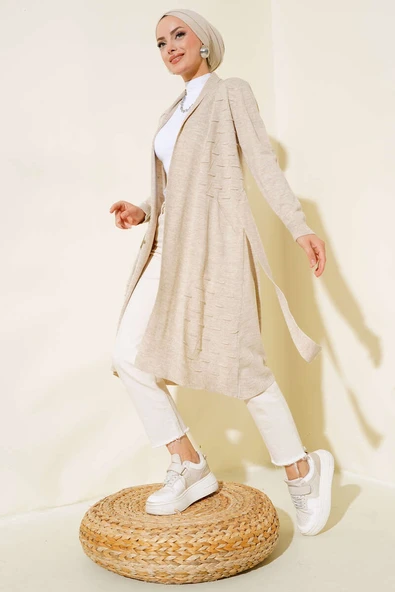 Yandan Dikişli Bağcıklı Hırka Bej - Resim 2