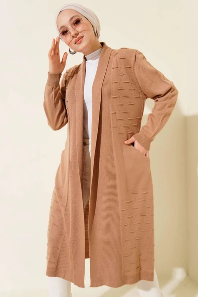 Yandan Dikişli Bağcıklı Hırka Latte - Resim 2