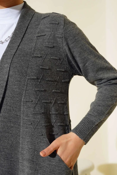 Yandan Dikişli Bağcıklı Hırka Füme - Resim 4