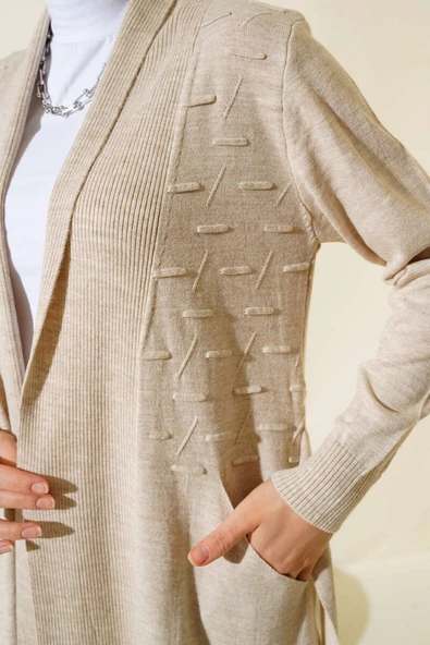 Yandan Dikişli Bağcıklı Hırka Bej - Resim 4