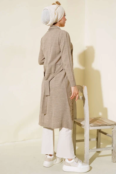 Yandan Dikişli Bağcıklı Hırka Vizon - Resim 3