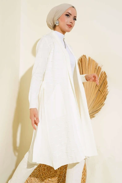 Yandan Dikişli Bağcıklı Hırka Ekru - Resim 2