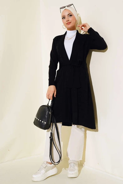 Yandan Dikişli Bağcıklı Hırka Siyah - Resim 2