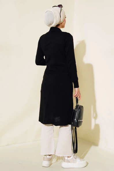 Yandan Dikişli Bağcıklı Hırka Siyah - Resim 3