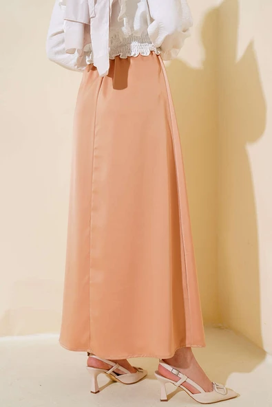 Bel Lastikli Kloş Saten Etek Latte - Resim 3