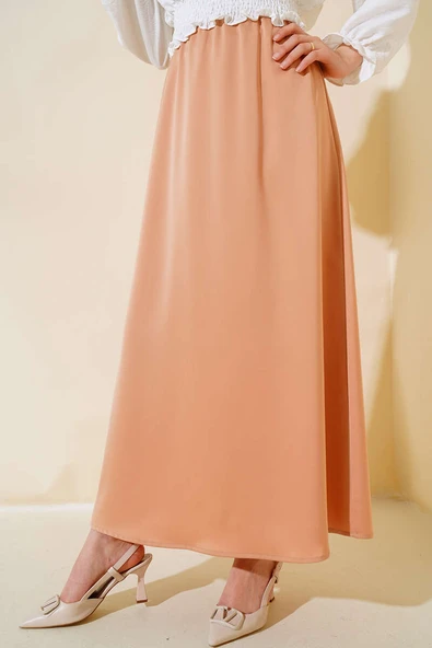 Bel Lastikli Kloş Saten Etek Latte - Resim 2