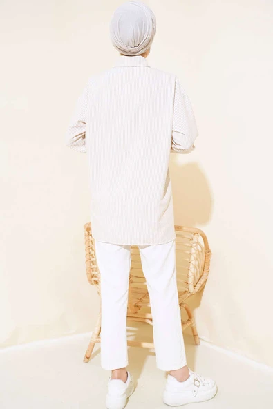 Önü Taşlı Çizgili Gömlek Latte - Resim 3
