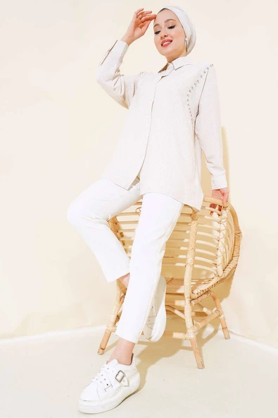 Önü Taşlı Çizgili Gömlek Latte - Resim 2