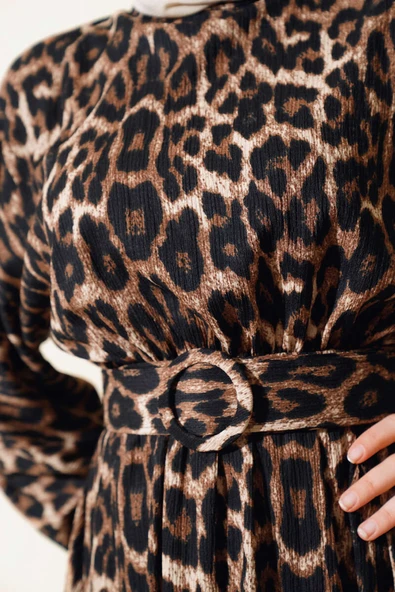 Leopar Desenli Elbise Latte - 4