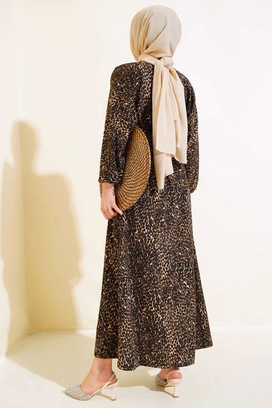 Leopar Desenli Elbise Camel - 3