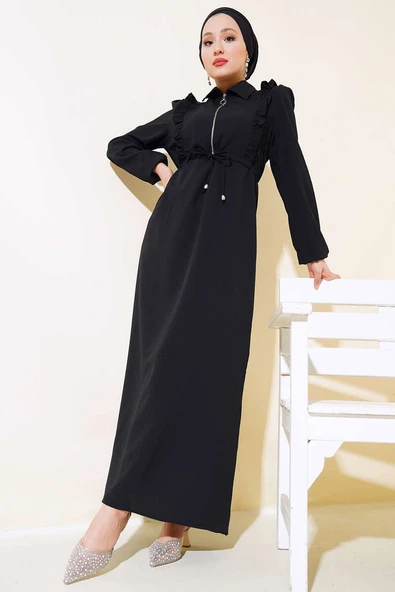 Önü Fırfırlı Fermuarlı Elbise Siyah