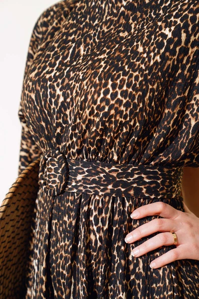 Leopar Desenli Elbise Camel - 4