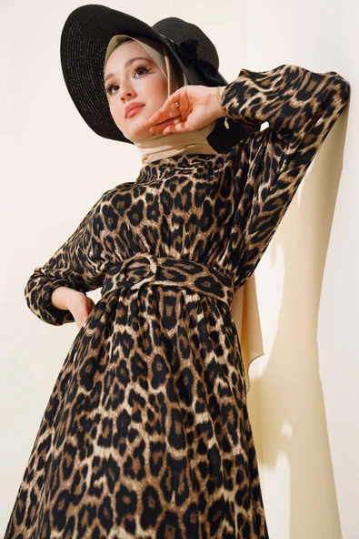 Leopar Desenli Elbise Latte - 2
