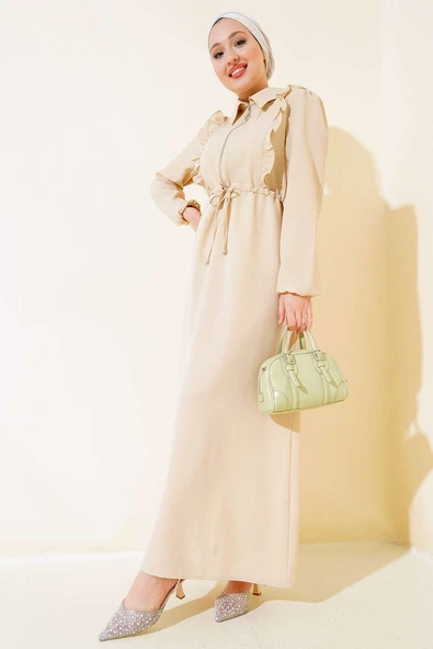 Önü Fırfırlı Fermuarlı Elbise Bej ürün görseli 1