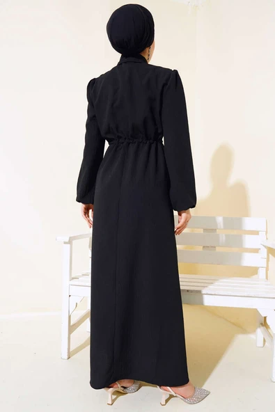 Önü Fırfırlı Fermuarlı Elbise Siyah - 3