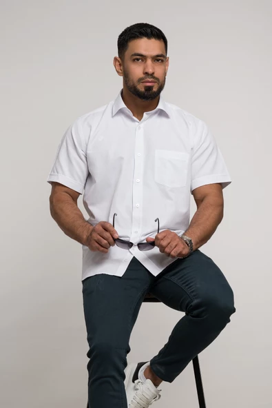 Mugi Geniş Ve Rahat (Bol) Kesim Cepli Klasik Kısa Kol Erkek Gömlek - Resim 7