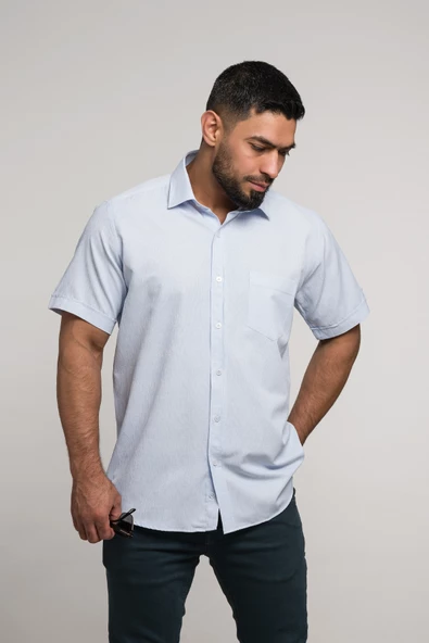 Mugi Geniş Ve Rahat (Bol) Kesim Cepli Klasik Kısa Kol Erkek Gömlek - Resim 2