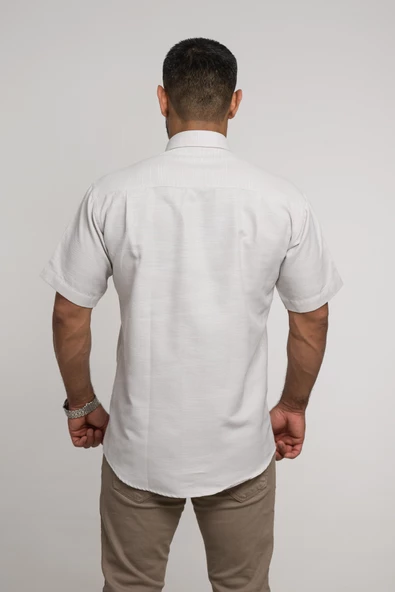 Geniş Ve Rahat (Bol) Kesim Cepli Armürlü Klasik Kısa Kol Erkek Gömlek - Resim 4