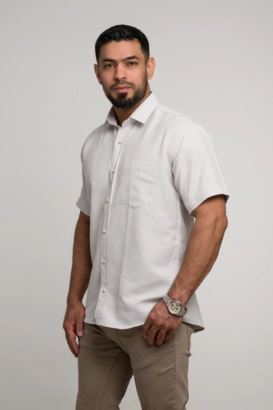 Geniş Ve Rahat (Bol) Kesim Cepli Armürlü Klasik Kısa Kol Erkek Gömlek - Resim 3