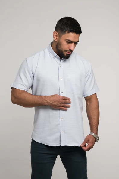 Geniş Ve Rahat (Bol) Kesim Cepli Armürlü Klasik Kısa Kol Erkek Gömlek - Resim 6