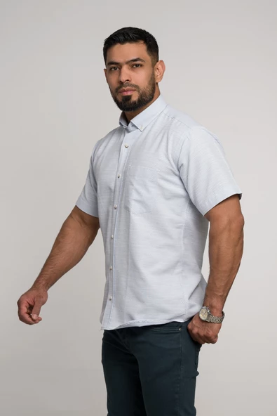 Geniş Ve Rahat (Bol) Kesim Cepli Armürlü Klasik Kısa Kol Erkek Gömlek - Resim 8