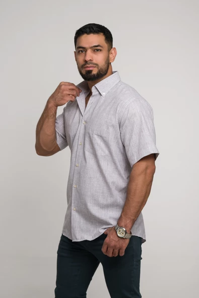 Geniş Ve Rahat (Bol) Kesim Cepli Bitik Kareli Klasik Kısa Kol Erkek Gömlek - Resim 6