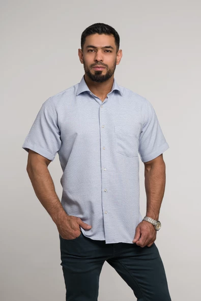 Geniş Ve Rahat (Bol) Kesim Cepli Armürlü Klasik Kısa Kol Erkek Gömlek - Resim 6