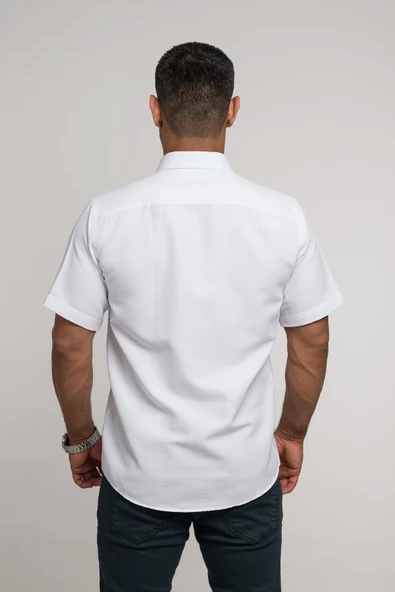 Geniş Ve Rahat (Bol) Kesim Cepli Armürlü Klasik Kısa Kol Erkek Gömlek - Resim 5