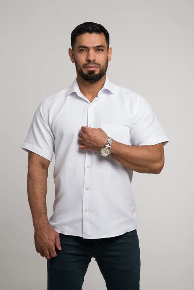 Geniş Ve Rahat (Bol) Kesim Cepli Armürlü Klasik Kısa Kol Erkek Gömlek - Resim 2