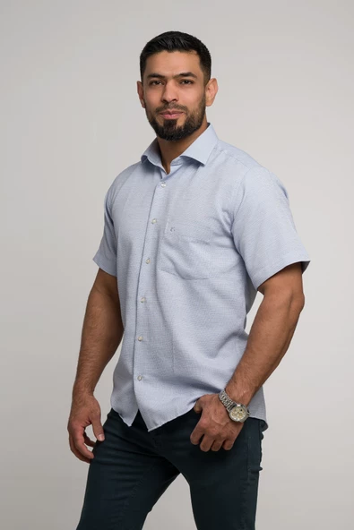 Geniş Ve Rahat (Bol) Kesim Cepli Armürlü Klasik Kısa Kol Erkek Gömlek - Resim 7