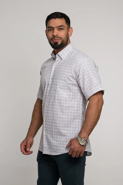 Geniş Ve Rahat (Bol) Kesim Cepli Hafif Ekoseli Yaka Düğmeli Klasik Kısa Kol Gömlek - Resim 8