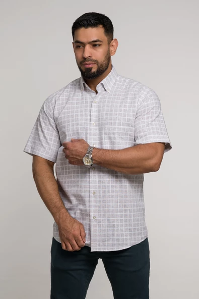 Geniş Ve Rahat (Bol) Kesim Cepli Hafif Ekoseli Yaka Düğmeli Klasik Kısa Kol Gömlek - Resim 6