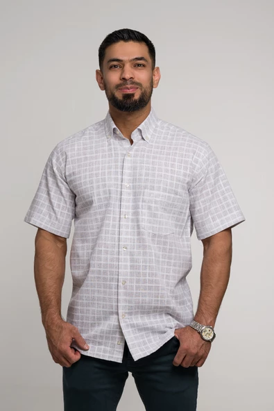 Geniş Ve Rahat (Bol) Kesim Cepli Hafif Ekoseli Yaka Düğmeli Klasik Kısa Kol Gömlek - Resim 7