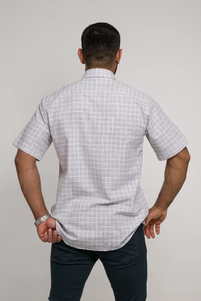 Geniş Ve Rahat (Bol) Kesim Cepli Hafif Ekoseli Yaka Düğmeli Klasik Kısa Kol Gömlek - Resim 10