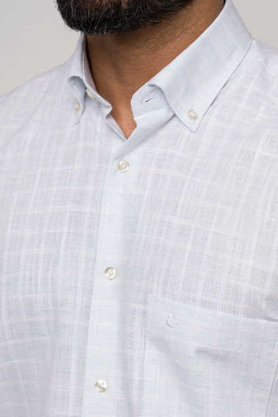 Geniş Ve Rahat (Bol) Kesim Cepli Hafif Ekoseli Yaka Düğmeli Klasik Kısa Kol Gömlek - Resim 4