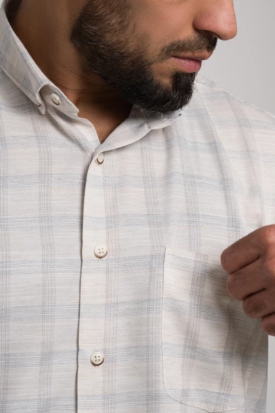 Bican Geniş Ve Rahat (Bol) Kesim Cepli Ekoseli Yaka Düğmeli Klasik Kısa Kol Gömlek - Resim 3