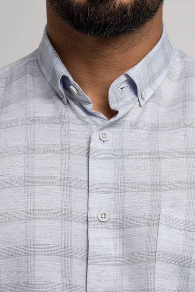 Bican Geniş Ve Rahat (Bol) Kesim Cepli Ekoseli Yaka Düğmeli Klasik Kısa Kol Gömlek - Resim 7