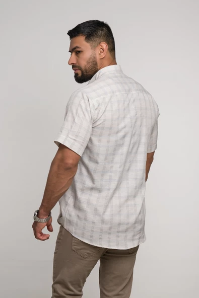 Bican Geniş Ve Rahat (Bol) Kesim Cepli Ekoseli Yaka Düğmeli Klasik Kısa Kol Gömlek - Resim 4