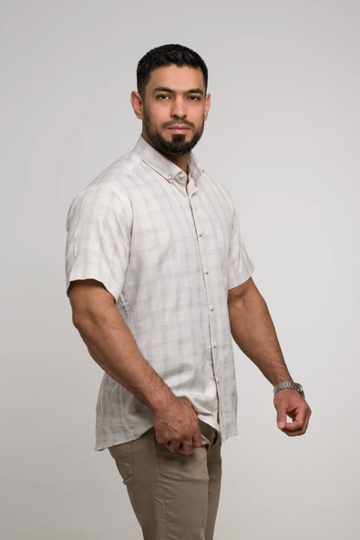 Bican Geniş Ve Rahat (Bol) Kesim Cepli Ekoseli Yaka Düğmeli Klasik Kısa Kol Gömlek - Resim 2